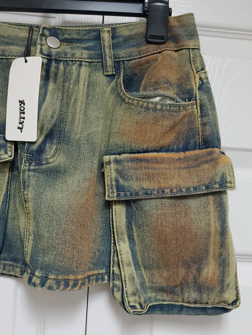 Kollyy Distressed Cargo Denim Mini Skirt